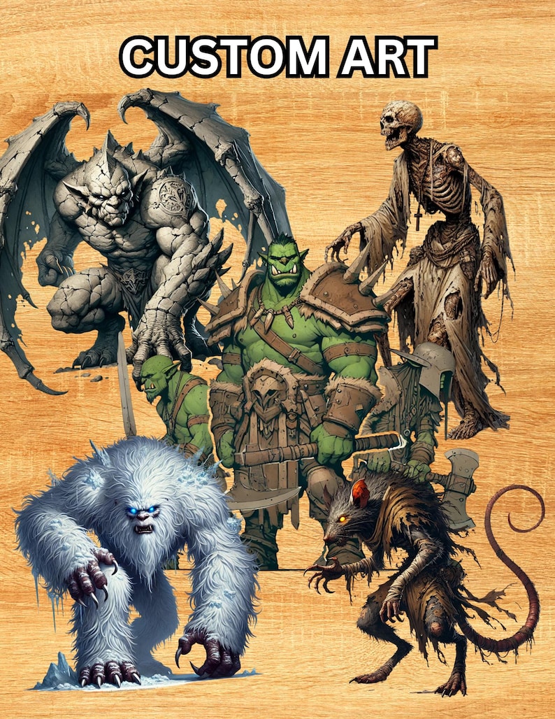 May include: A digital illustration of five fantasy creatures: a gargoyle, an orc, a skeleton, a yeti, and a rat. The creatures are depicted in a fighting pose, with the gargoyle and orc in the foreground, the skeleton and yeti in the middle ground, and the rat in the background. The illustration is set against a wooden background.