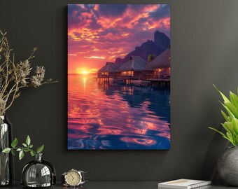 French Polynesia Wall Art – Overwater Bungalows Sunset Photography (Digital Download)
