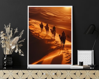 Sahara Desert Wall Art – Camel Caravan Sunset Photography (Digital Download)