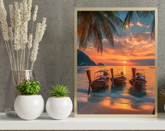 Phuket Thailand Wall Art – Longtail Boats Sunset Beach Photography (Digital Download)