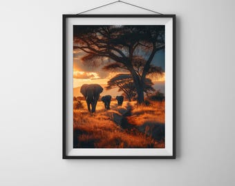 African Safari Wall Art – Elephant Sunset Wildlife Photography (Digital Download)