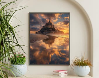 France Wall Art – Mont Saint-Michel Sunset Reflection Photography (Digital Download)