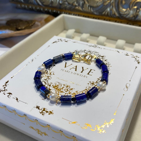 Elegant Lapis Lazuli and Pearl Beaded Bracelet - Handcrafted Gemstone Jewelry for Women - Trendy Fashion Bracelets - Most Agate Bracelets