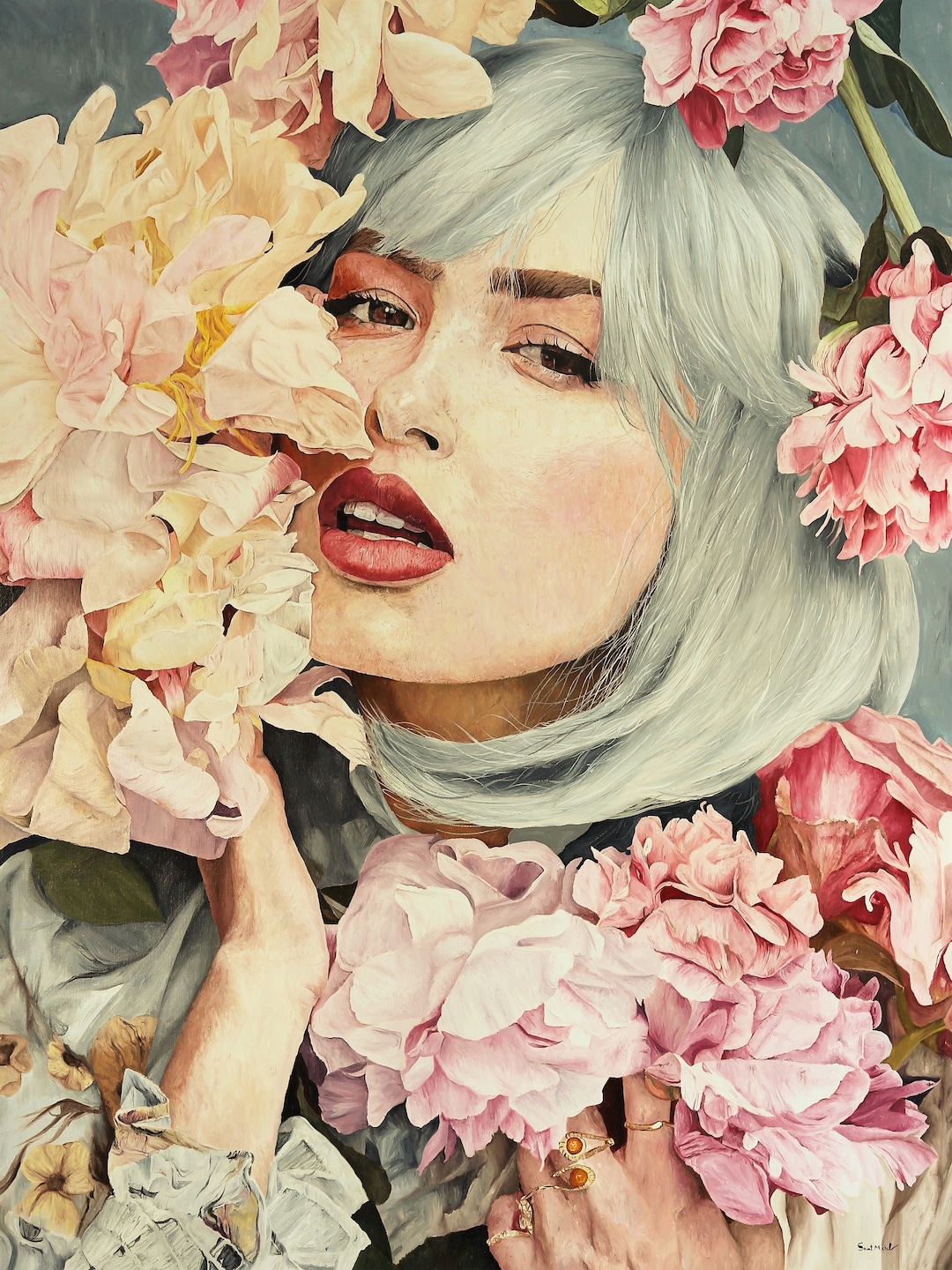 Floral Woman Oil Painting Canvas, Woman Portrait Wall Art, Flower Woman ...