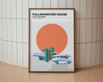 Architecture poster | Fallingwater House Frank Lloyd Wright | Architecture print | Wall Art | Architecture Printables | Modern architecture