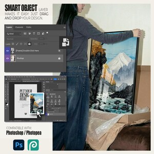 May include: A framed art print featuring a mountain landscape with a river, displayed in a mockup. The image includes a Photoshop interface with the text "SMART OBJECT LAYER MAKES IT EASY: JUST DRAG AND DROP YOUR DESIGN." Compatible with Photoshop and Photopea.