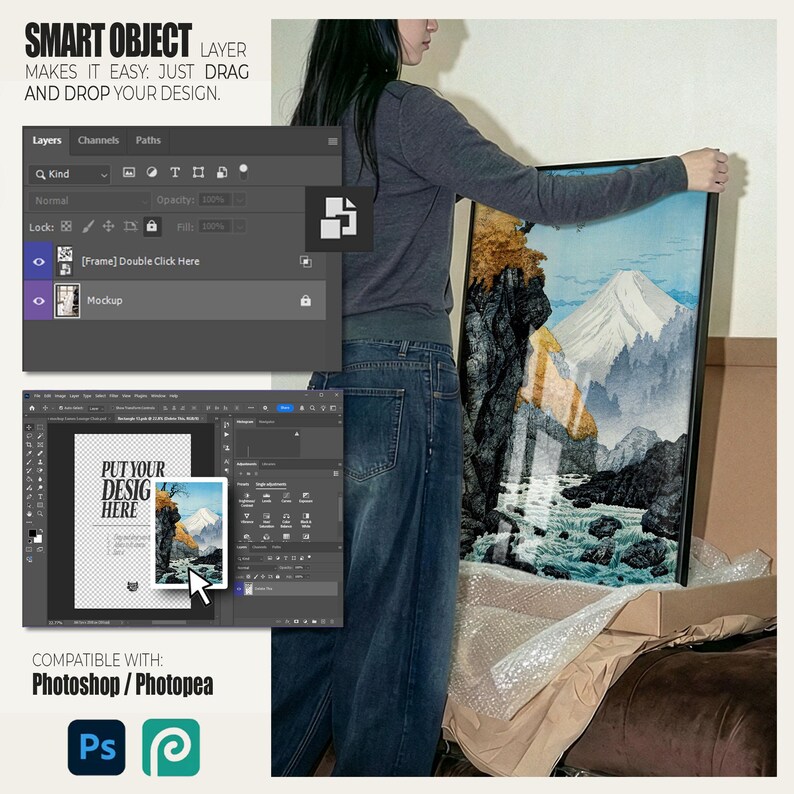 May include: A framed art print featuring a mountain landscape with a river, displayed in a mockup. The image includes a Photoshop interface with the text "SMART OBJECT LAYER MAKES IT EASY: JUST DRAG AND DROP YOUR DESIGN." Compatible with Photoshop and Photopea.