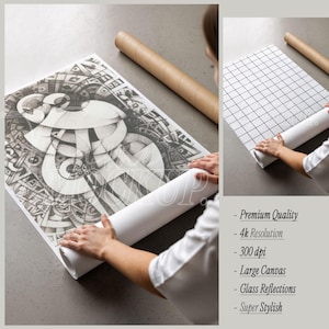 Puede incluir: Una impresi&oacute;n de arte abstracto en blanco y negro que se enrolla. La obra de arte presenta formas y patrones geom&eacute;tricos. La impresi&oacute;n est&aacute; sobre una superficie blanca y se ve un tubo de cart&oacute;n marr&oacute;n. La imagen tambi&eacute;n incluye texto que dice "Premium Quality", "4k Resolution", "300 dpi", "Large Canvas", "Glass Reflections" y "Super Stylish".