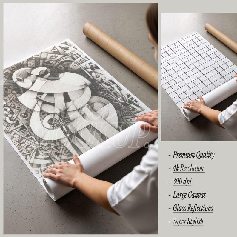 Puede incluir: Una impresi&oacute;n de arte abstracto en blanco y negro que se enrolla. La obra de arte presenta formas y patrones geom&eacute;tricos. La impresi&oacute;n est&aacute; sobre una superficie blanca y se ve un tubo de cart&oacute;n marr&oacute;n. La imagen tambi&eacute;n incluye texto que dice "Premium Quality", "4k Resolution", "300 dpi", "Large Canvas", "Glass Reflections" y "Super Stylish".