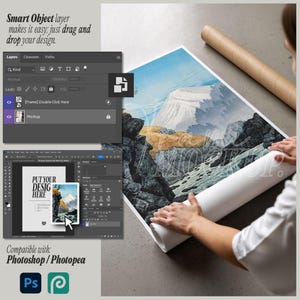Puede incluir: Se desenrolla una impresi&oacute;n art&iacute;stica enrollada con un dise&ntilde;o de paisaje monta&ntilde;oso. La imagen muestra una maqueta compatible con Photoshop y Photopea, con el texto "PUT YOUR DESIGN HERE" visible en una imagen m&aacute;s peque&ntilde;a.