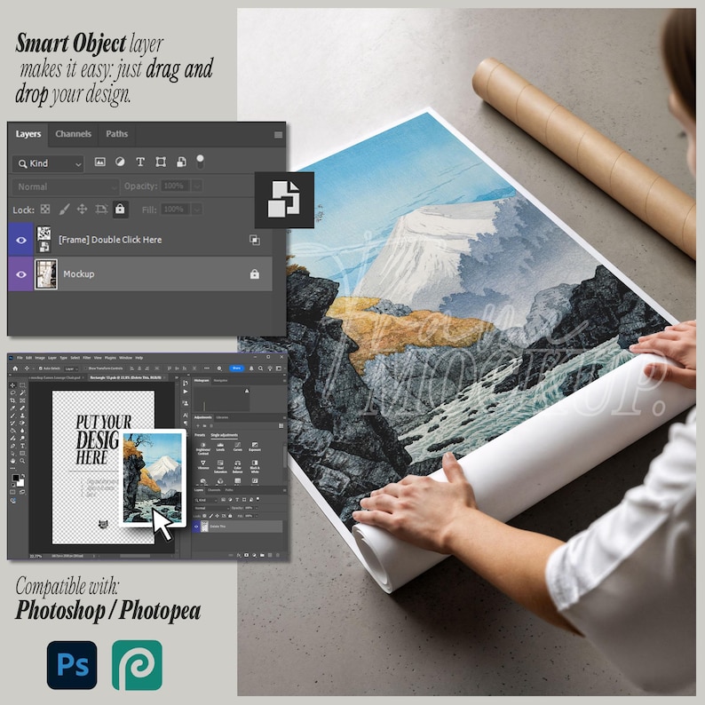 Puede incluir: Se desenrolla una impresi&oacute;n art&iacute;stica enrollada con un dise&ntilde;o de paisaje monta&ntilde;oso. La imagen muestra una maqueta compatible con Photoshop y Photopea, con el texto "PUT YOUR DESIGN HERE" visible en una imagen m&aacute;s peque&ntilde;a.