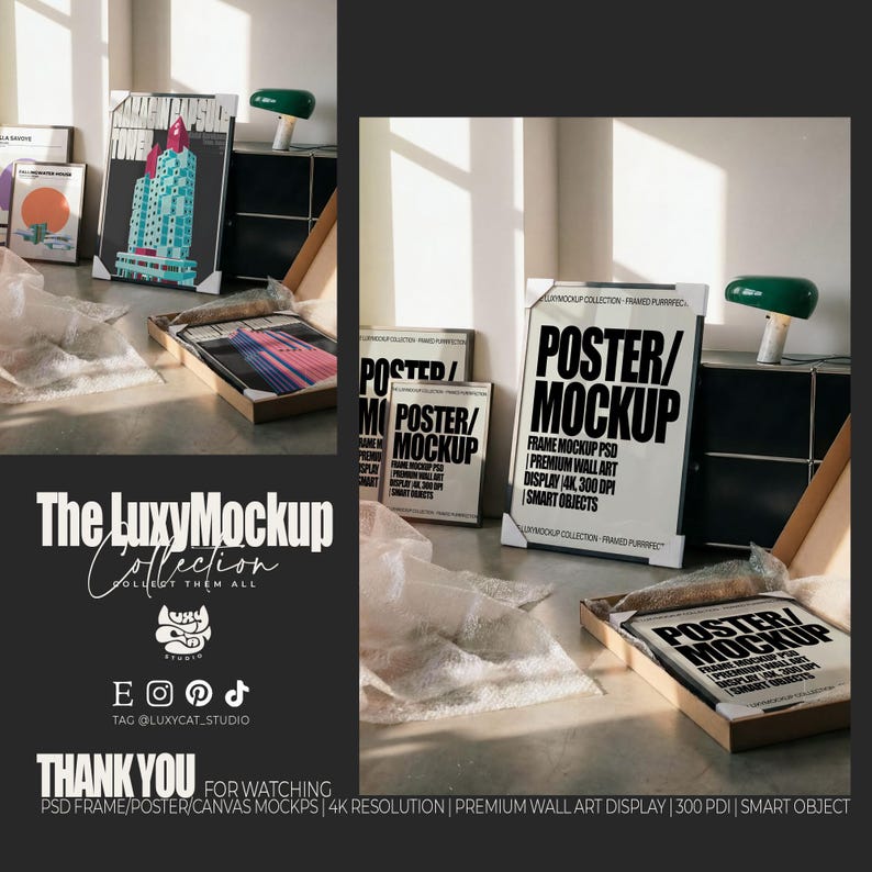 Gallery wall Mockup, 4 Frame Mockup, Photoshop Template for Wall art & Prints, Smart Object mockup, Poster mockup, Mid century modern unbox