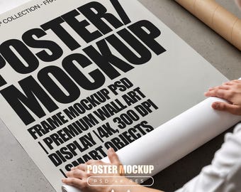 A3 Poster Photoshop Mockup Template for Wall art and Prints, Rolling Poster, minimal interior display, 4k PSD Poster mock up, Person Mockup