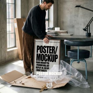 以下が含まれることがあります： モダンなフォントで「POSTER/MOCKUP」というテキストが入った額入りのポスターモックアップ。ポスターは、机、椅子、段ボール箱のある部屋で人が持っています。ポスターには「FRAME MOCKUP PSD | PREMIUM WALL ART | DISPLAY 4K, 300 DPI | SMART OBJECTS」というテキストが含まれています。