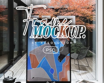 Frame Mockup in a Japandi interior, Poster Mock up Psd Smart Object template for wall art and prints, Social Media and Etsy Seller Mockups
