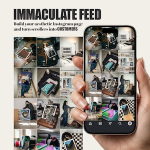 May include: A smartphone displays a grid of images, showcasing an aesthetic Instagram feed. The images feature various art pieces and lifestyle scenes. Text at the top reads "IMMACULATE FEED" and "Build your aesthetic Instagram page and turn scrollers into CUSTOMERS."