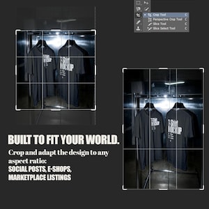 May include: Two dark grey t-shirts hanging on a metal rack, each featuring the white text T-Shirt Mockup. The image includes a digital interface overlay with a crop tool menu and grid lines, alongside the text BUILT TO FIT YOUR WORLD.