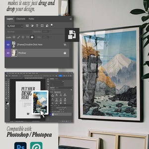 Pode incluir: Um modelo de mockup digital para uma impress&atilde;o art&iacute;stica emoldurada, com uma ilustra&ccedil;&atilde;o de paisagem montanhosa. A interface mostra camadas do Adobe Photoshop e uma janela de objeto inteligente com o texto PUT YOUR DESIG HERE, compat&iacute;vel com Photoshop e Photopea.
