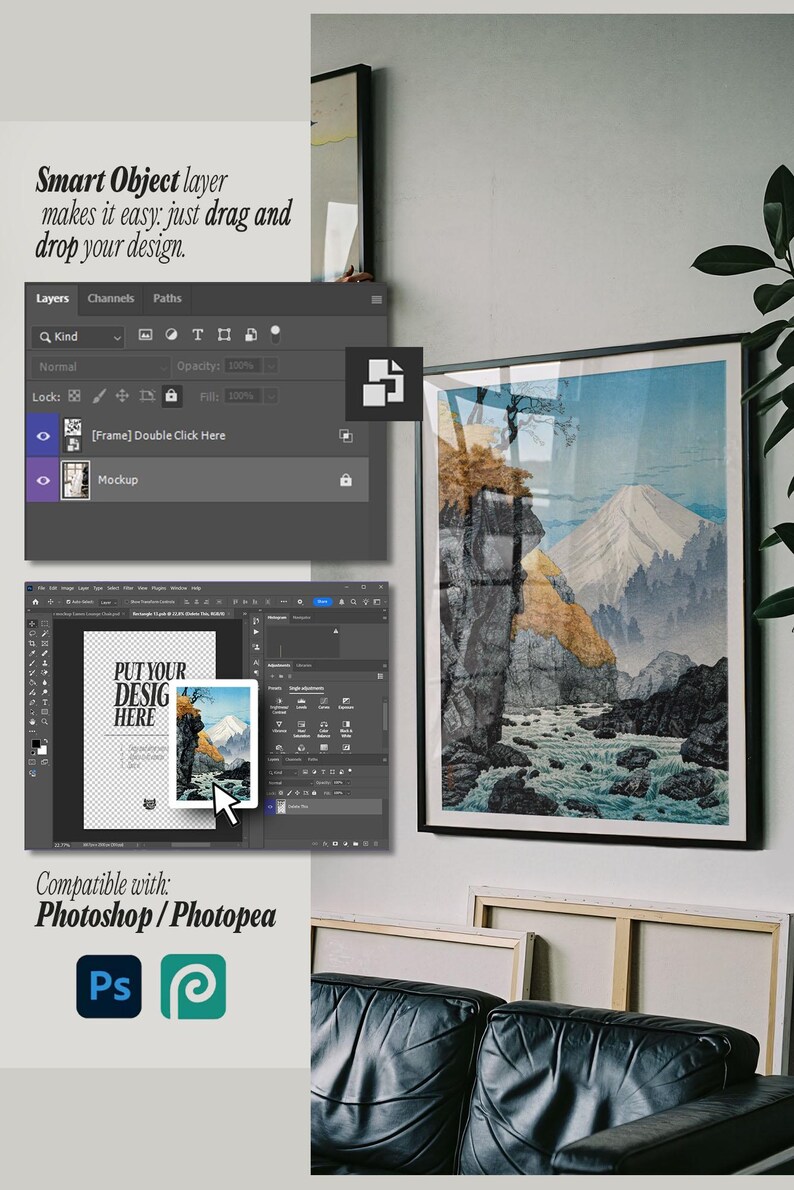 Pode incluir: Um modelo de mockup digital para uma impress&atilde;o art&iacute;stica emoldurada, com uma ilustra&ccedil;&atilde;o de paisagem montanhosa. A interface mostra camadas do Adobe Photoshop e uma janela de objeto inteligente com o texto PUT YOUR DESIG HERE, compat&iacute;vel com Photoshop e Photopea.