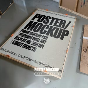 Frame Mockup, Photoshop Template for Wall art and Prints, Floating Frame, Flat Lay Mockup, Poster mock up, Art Studio interior, Smart Object