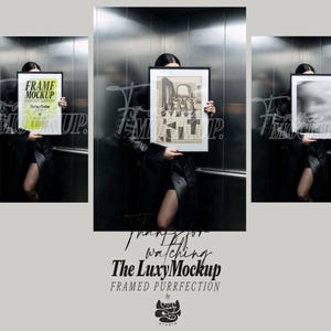 May include: A black rectangular frame holding a white print with a geometric architectural illustration. The frame is held in front of a person wearing a black coat inside a metallic elevator. The text FRAME MOCKUP is visible on the print.