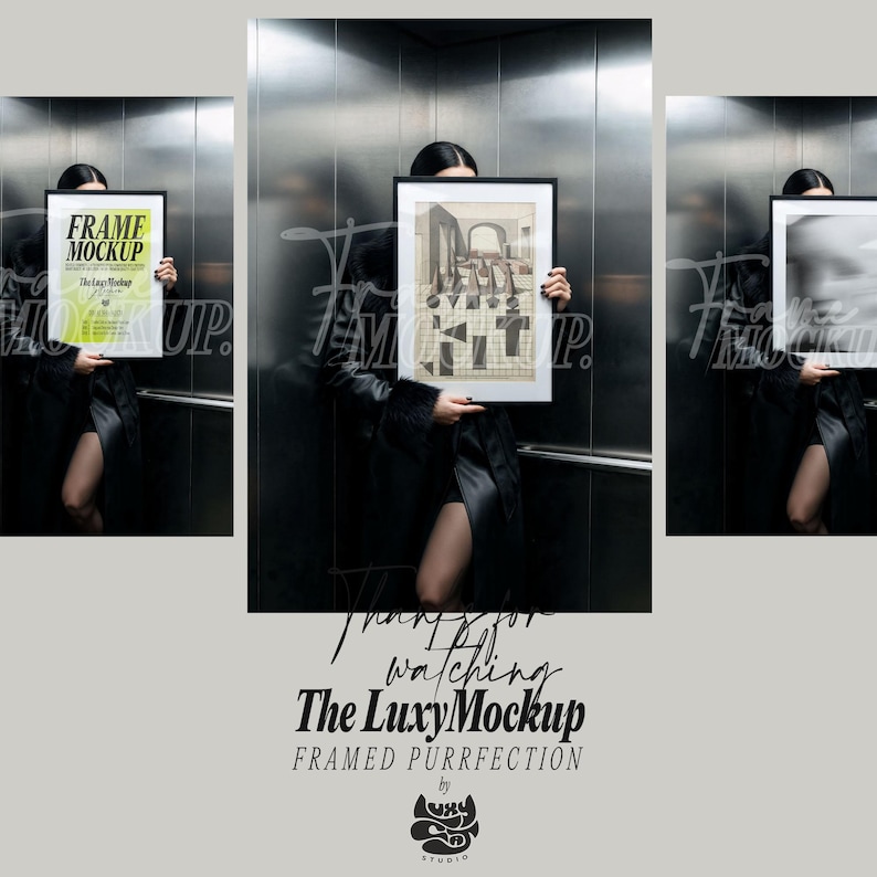 May include: A black rectangular frame holding a white print with a geometric architectural illustration. The frame is held in front of a person wearing a black coat inside a metallic elevator. The text FRAME MOCKUP is visible on the print.