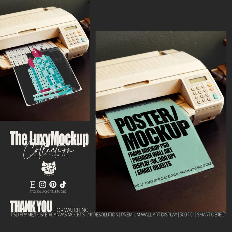 A4 Poster Mockups, Printer Mockup, PSD smart object, Vintage Printer Mockup, Photoshop template for wall art and prints, paper mock up