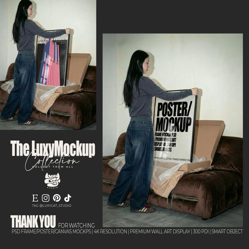 Frame Mockup PSD  – Premium Wall Art Display | 4K, 300 DPI, Smart Objects, Unboxing Poster Mockup with person. Framed Poster Video Mockup • Unboxing Frame on Iconic 70s Sofa • Realistic Wall Art Presentation • Minimal Interior Lifestyle Mockup • PSD Mockup