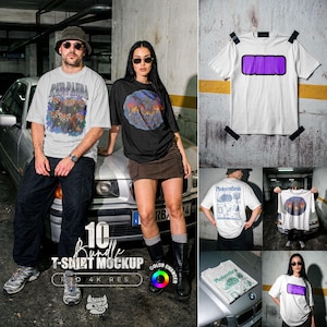 May include: A collection of t-shirts featuring various graphic designs, including a red panda print, a purple rectangular logo, and a scientific photosynthesis illustration. The shirts are displayed on individuals and as flat-lay mockups in a garage.