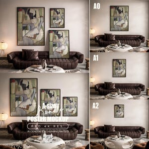 May include: A digital poster mockup bundle featuring abstract geometric artwork in various sizes displayed on a wall above a brown leather sofa. The image includes labels A0, A1, and A2, along with the text A-size BUNDLE POSTER MOCKUP PSD 4K RES.