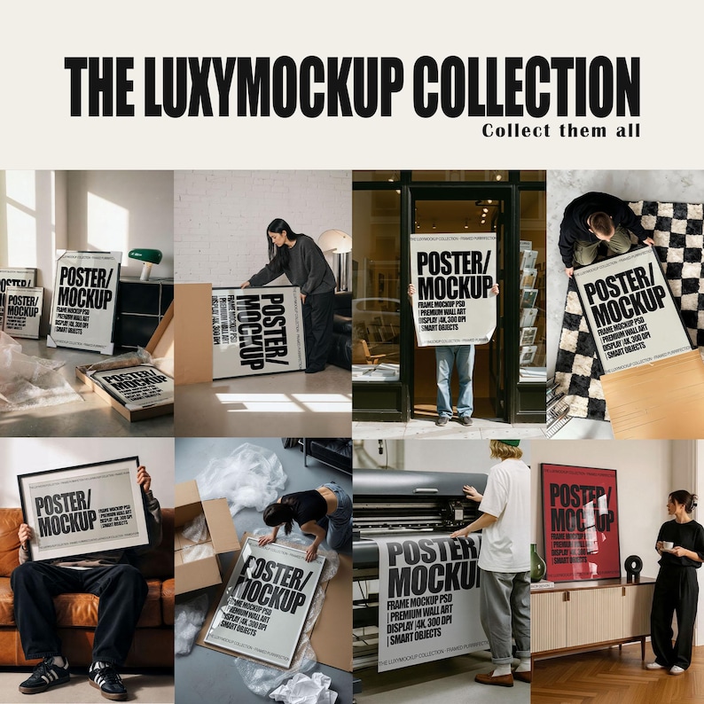 May include: A collection of eight photographic scenes showcasing various poster and frame mockups. Each image features the bold black text "POSTER/MOCKUP" alongside "FRAME MOCKUP PSD," "PREMIUM WALL ART," "DISPLAY 4K," "300 DPI," and "SMART OBJECTS."