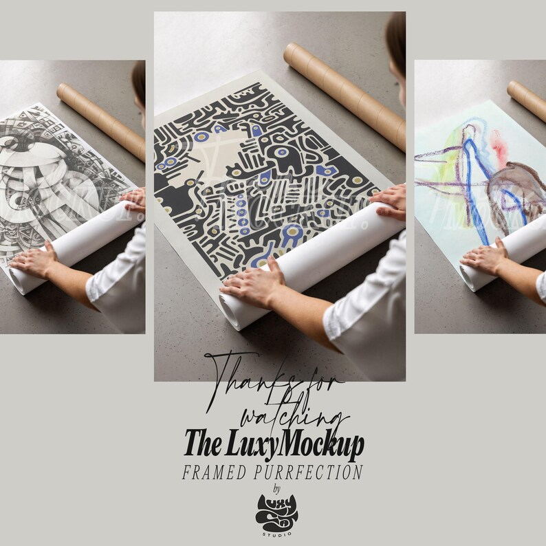 Puede incluir: Se muestran tres impresiones art&iacute;sticas, cada una enrollada alrededor de un tubo blanco. Las impresiones presentan dise&ntilde;os abstractos en blanco y negro y arte en acuarela colorida. El texto "Thanks for watching The LuxyMockup FRAMED PURRFECTION" es visible.