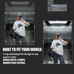 Oversized white t-shirt mockup featuring a trendy woman taking a mirror selfie in an elevator, ideal for streetwear brands. tshirt mock up for e-commerce and social media posts.
