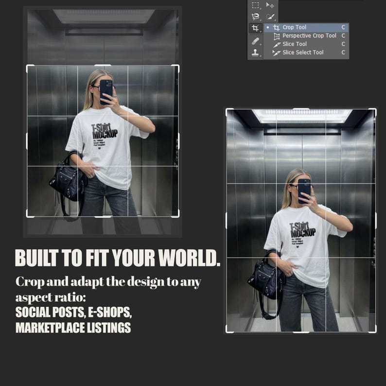 Oversized white t-shirt mockup featuring a trendy woman taking a mirror selfie in an elevator, ideal for streetwear brands. tshirt mock up for e-commerce and social media posts.