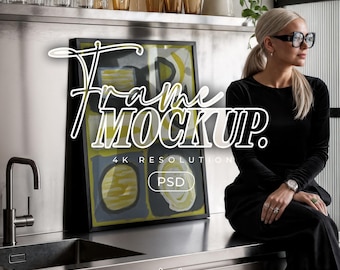 Frame Mockup in a Kitchen with Model, Poster Mockups with person, PSD Smart Object Mock up Template for Wall art and Prints