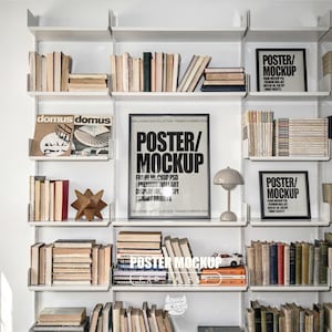 Gallery wall Mockup, 3 Frame Mockups, Photoshop Template for Wall art & Prints, Smart Object mock ups, Poster mock up, PSD Bookcase display