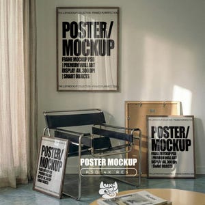May include: A modern interior scene featuring framed poster mockups. The posters display the text "POSTER/MOCKUP" with additional details. A black and silver chair and a small table with a magazine are in the foreground.