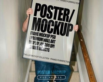 Poster Mockup, Frame Mockup on a Stair, Photoshop Template for Wall art and Prints, Person mockup, Minimal interior display, Poster mock up,