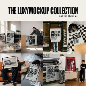 May include: A collection of eight photographic scenes showcasing various poster and frame mockups. Each image features the bold black text "POSTER/MOCKUP" alongside "FRAME MOCKUP PSD," "PREMIUM WALL ART," "DISPLAY 4K," "300 DPI," and "SMART OBJECTS."