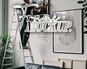 2 Frame Mockup with Person Hanging frames, PSD mockups Template for Wall Art & Prints, Poster Mock up in a Mid Century modern Living Room