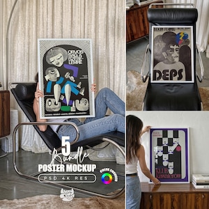 Può includere: Un pacchetto di mockup per poster digitali che presenta tre distinte stampe d'arte grafica. I design includono un'illustrazione in bianco e nero con accenti blu intitolata Orvossag a szerelemre, un poster ritratto etichettato Deps e una stampa con bordo viola intitolata Klub kawalerow.