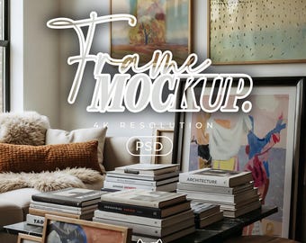 Galerie Wand Mockup, PSD Smart Objekt Vorlage für Wand Kunst & Drucke in einem modernen Mid Century Wohnzimmer, Posterrahmen Mockup