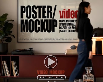 May include: A large rectangular wall poster mockup in a black frame featuring bold black text that reads POSTER/MOCKUP and red text that reads video. The poster includes additional text details like FRAME MOCKUP, PREMIUM WALL DISPLAY, 4K, 300, and SMART OBJECTS.