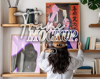 2 Frames Mock up, Gallery Wall on a Bookshelves Mockup for Wall art & Prints, PSD Smart Object Template with Model Mockups for Social Media
