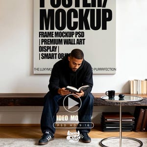 Peut inclure: Une personne assise sur un banc en bois, lisant un livre. Une affiche avec le texte "POSTER MOCKUP" est accrochée au mur. Une petite table avec une tasse noire et une sphère décorative est à droite. L'image comprend également le texte "FRAME MOCKUP PSD | PREMIUM WALL ART | DISPLAY | SMART OB".