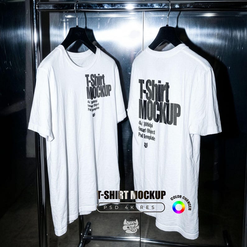 White t-shirt mockup template PSD with front and back view on industrial metal background, professional apparel mockup for Etsy sellers, POD clothing mockup with smart object layers for social media marketing