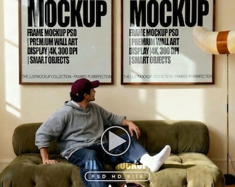 2 Frame Video Mockup with Model, PSD Smart Object Animated Mock up for Wall Art & Prints, Video Poster Mockup in a Modern Living Room