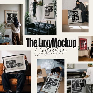 May include: A collection of framed poster mockups featuring bold black text on white backgrounds. The images display various settings including interior rooms, a printing machine, and packaging, showcasing the versatility of the poster designs.