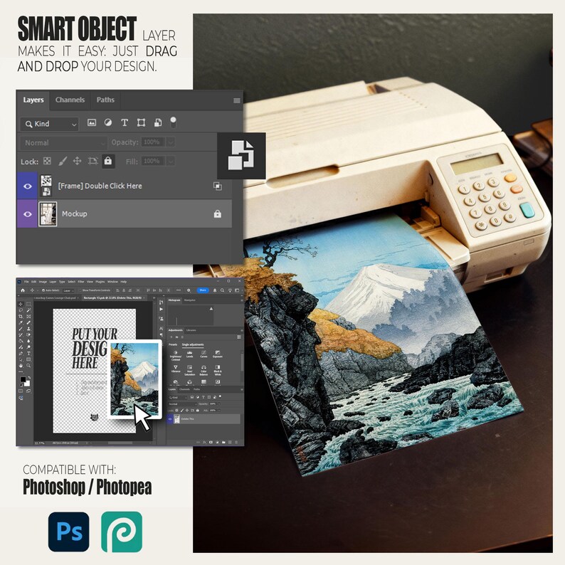 May include: A digital mockup template for Photoshop and Photopea featuring a beige printer outputting a landscape print of a snow-capped mountain, rocky cliffs, and a flowing river. The interface displays layers, smart objects, and text.