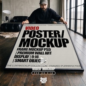 Könnte beinhalten: Ein rechteckiges gerahmtes Postermodell mit hellbeigem Hintergrund und fettgedrucktem schwarzem Text, der VIDEO POSTER/MOCKUP, FRAME MOCKUP PSD, PREMIUM WALL ART DISPLAY, 9:16, SMART OBJECTS und THE LUXYMOCKUP COLLECTION - FRAMED PURRRFECTION lautet.